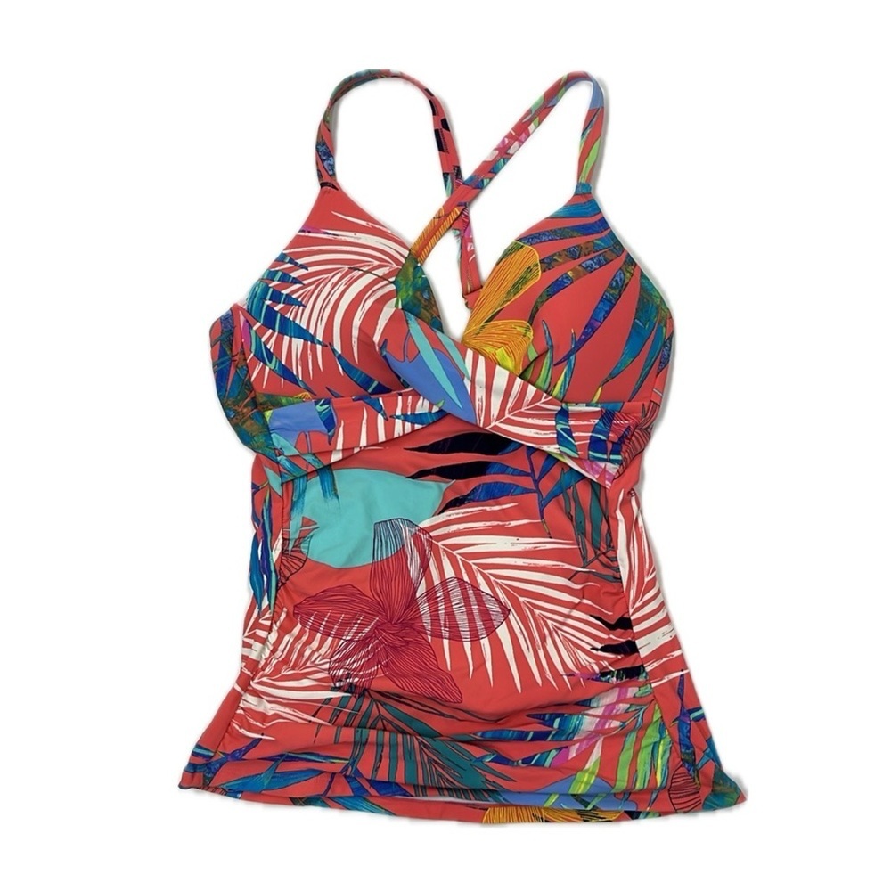 Apt 9 Tropical Leaf Coral Surplice Tankini Top Size S Swimsuit Pool Resort Vaca